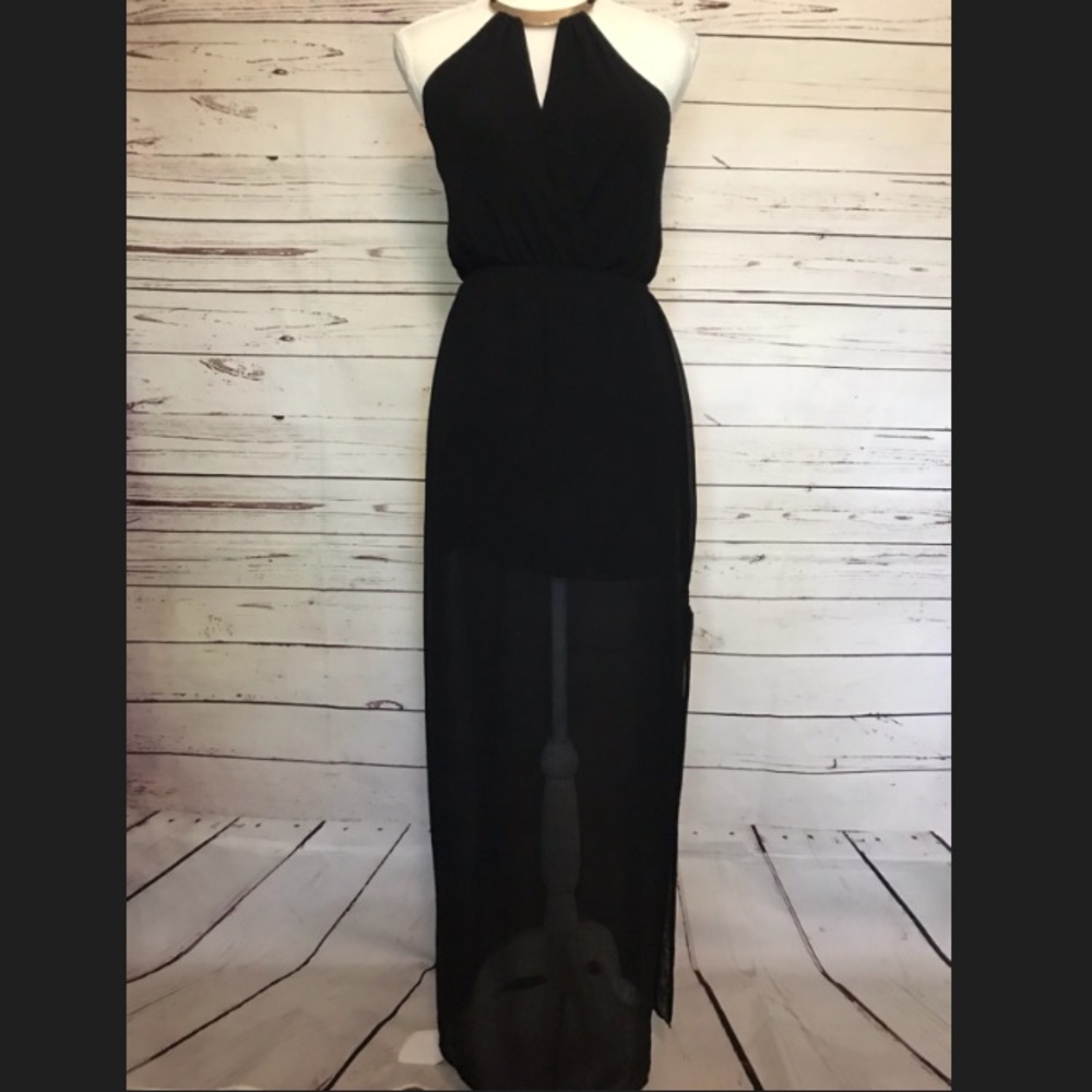 Arden B gold accent black sheer maxi dress